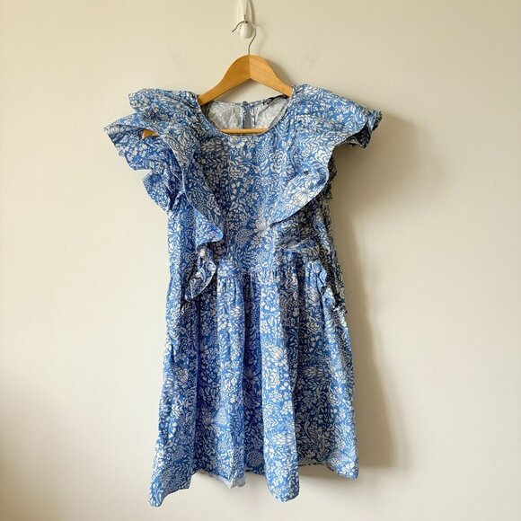 Zara Floral Ruffle Sleeve Cotton Poplin Mini Dress Blue White Size Large - Picture 10 of 14